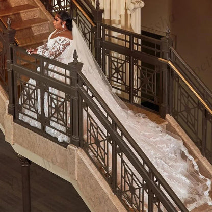 Plus Size Lace Wedding Dress – Long Sleeve, V-Neck, Court Train