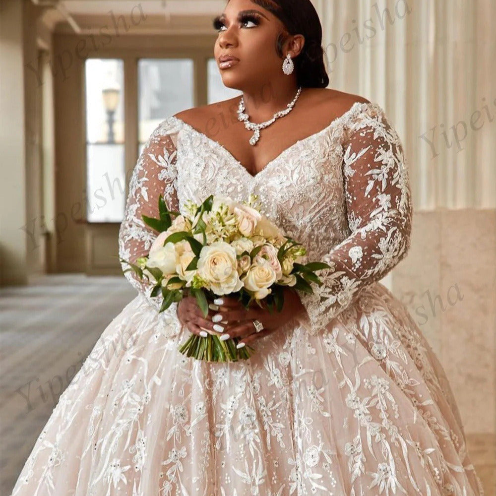 Plus Size Lace Wedding Dress – Long Sleeve, V-Neck, Court Train