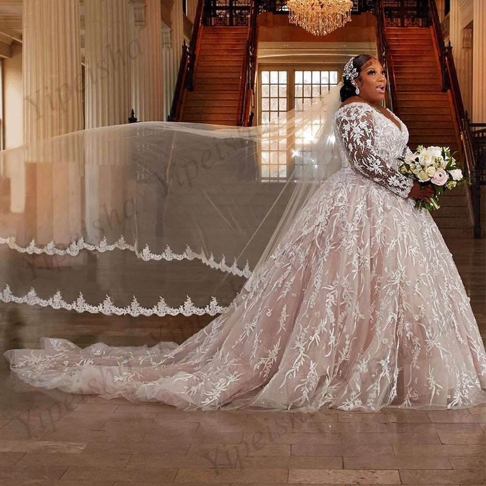 Plus Size Lace Wedding Dress – Long Sleeve, V-Neck, Court Train