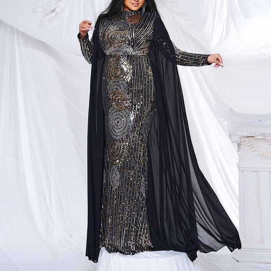 Plus Size Mermaid Sequin Formal Dress Black Ball Gowns with Cape