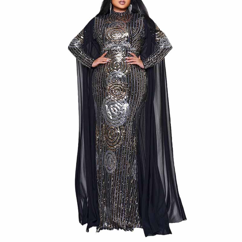 Plus Size Mermaid Sequin Formal Dress Black Ball Gowns with Cape