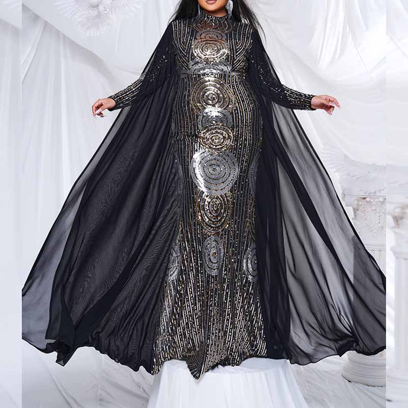 Plus Size Mermaid Sequin Formal Dress Black Ball Gowns with Cape