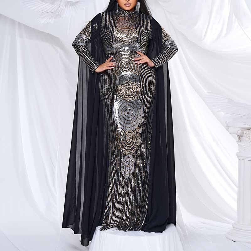 Plus Size Mermaid Sequin Formal Dress Black Ball Gowns with Cape