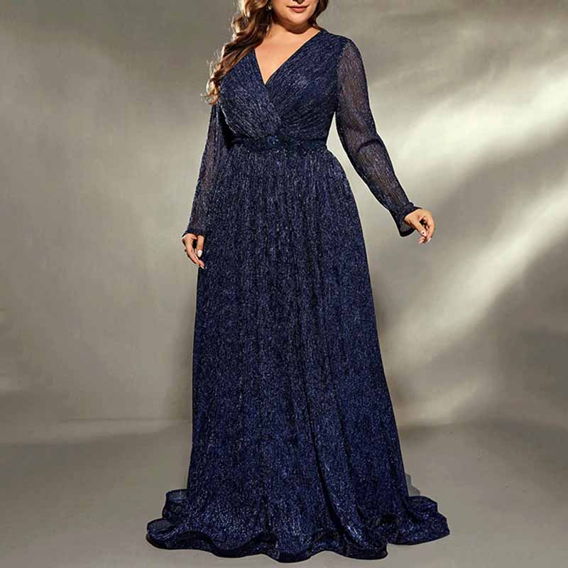 Plus Size Navy Blue Bridesmaid Dress A-Line Sequin Wedding Ball Gown