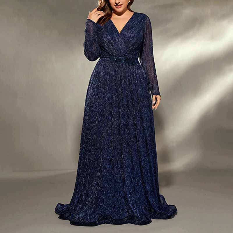 Plus Size Navy Blue Bridesmaid Dress A-Line Sequin Wedding Ball Gown