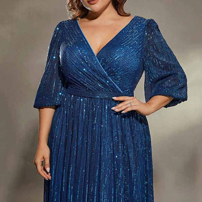 Plus Size Navy Blue Prom Dress Sequin Short Sleeve A-Line Evening Gown