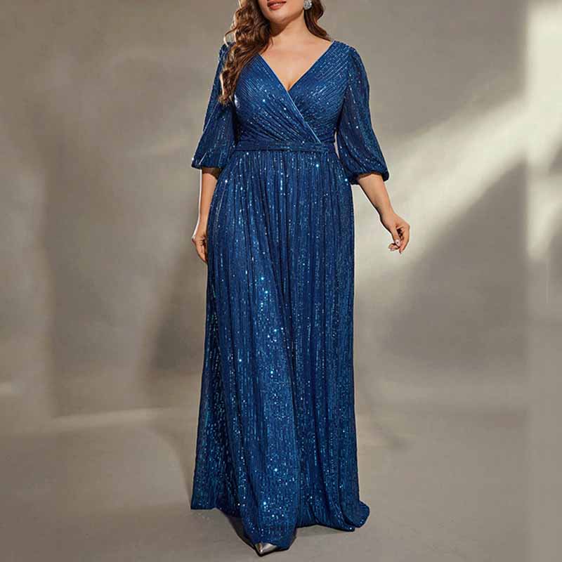 Plus Size Navy Blue Prom Dress Sequin Short Sleeve A-Line Evening Gown