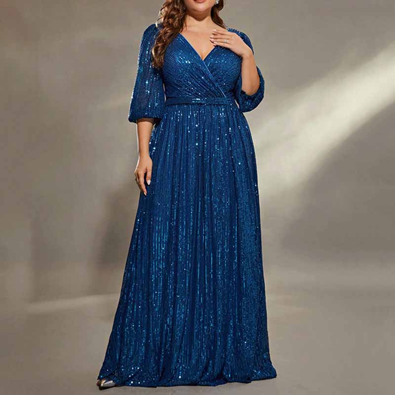 Plus Size Navy Blue Prom Dress Sequin Short Sleeve A-Line Evening Gown