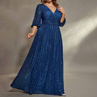 Plus Size Navy Blue Prom Dress Sequin Short Sleeve A-Line Evening Gown