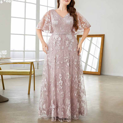 Plus Size Pink Prom Dress Lace Bridesmaid Dress Flare Sleeve A-Line Evening Gown