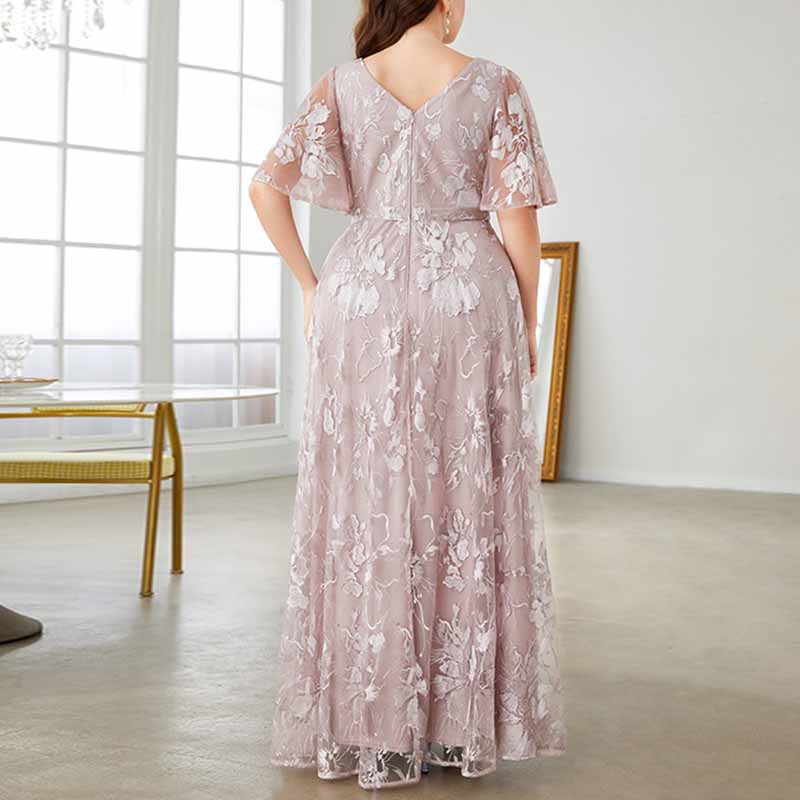 Plus Size Pink Prom Dress Lace Bridesmaid Dress Flare Sleeve A-Line Evening Gown