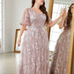 Plus Size Pink Prom Dress Lace Bridesmaid Dress Flare Sleeve A-Line Evening Gown