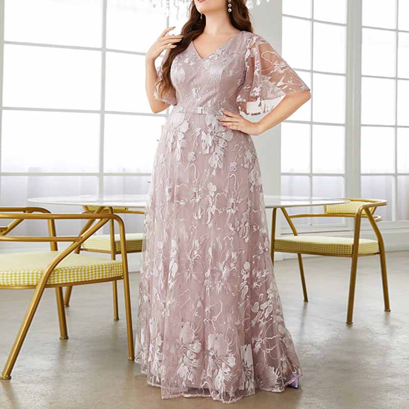 Plus Size Pink Prom Dress Lace Bridesmaid Dress Flare Sleeve A-Line Ev