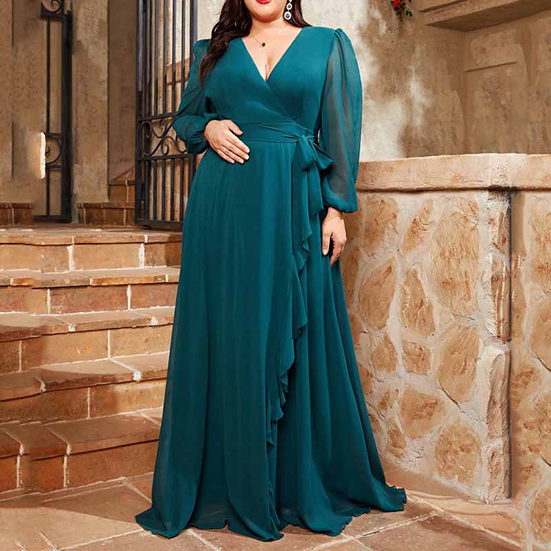 Plus Size Teal Prom Dress Long Sleeve Bridesmaid Dress A-Line Prom Gown