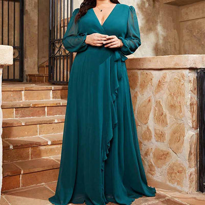 Plus Size Teal Prom Dress Long Sleeve Bridesmaid Dress A-Line Prom Gown