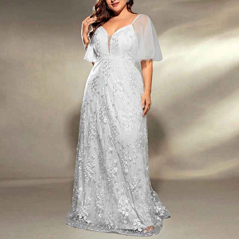 Plus Size White Prom Dress Short Sleeve A-Line Lace Wedding Ball Gown