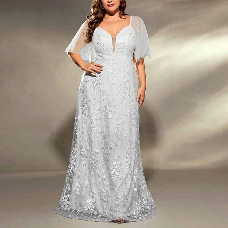 Plus Size White Prom Dress Short Sleeve A-Line Lace Wedding Ball Gown