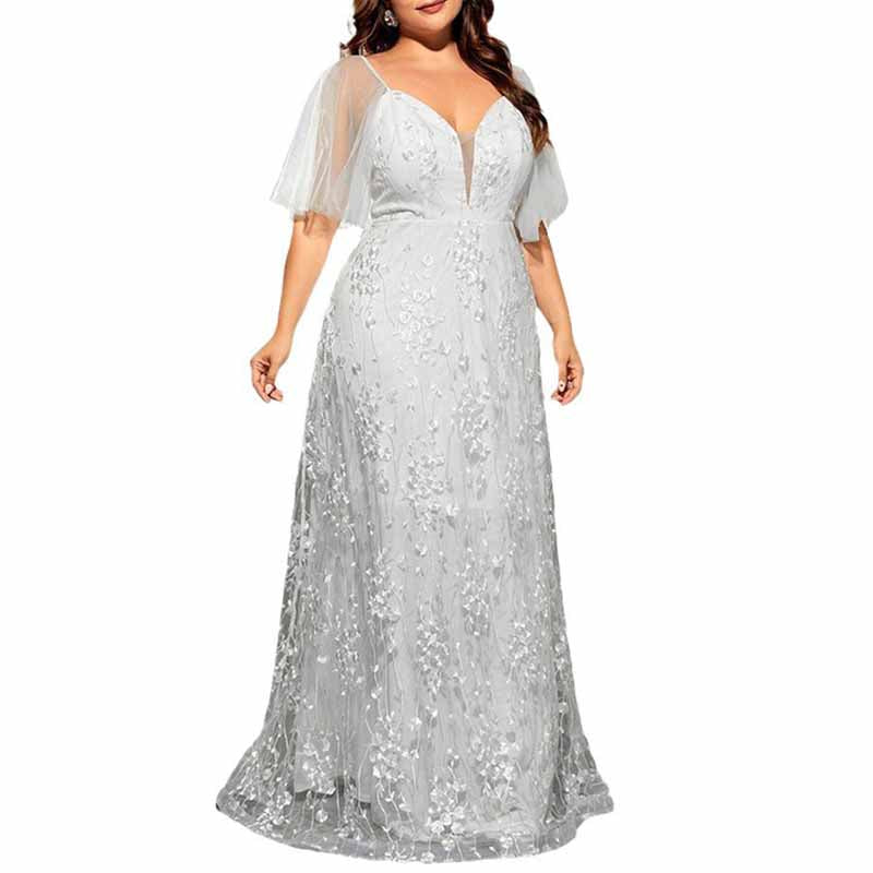 Plus Size White Prom Dress Short Sleeve A-Line Lace Wedding Ball Gown