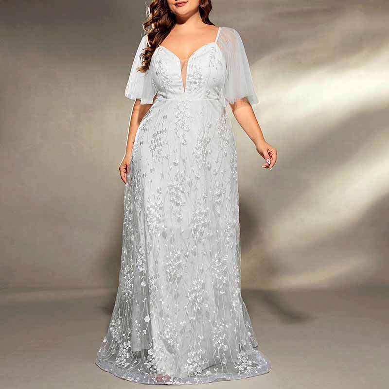 Plus Size White Prom Dress Short Sleeve A-Line Lace Wedding Ball Gown