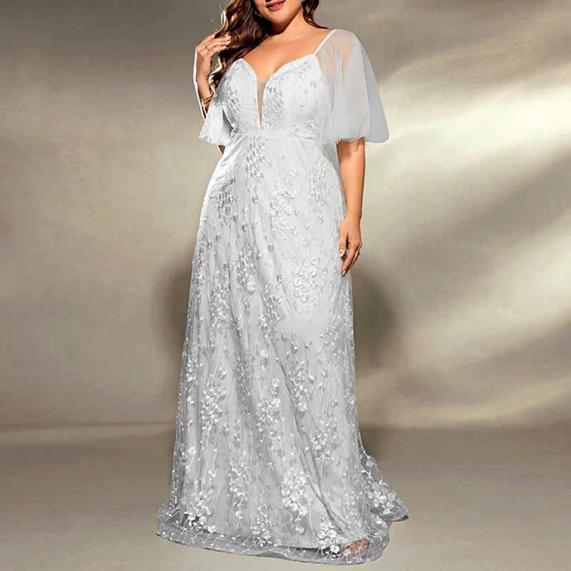 Plus Size White Prom Dress Short Sleeve A-Line Lace Wedding Ball Gown