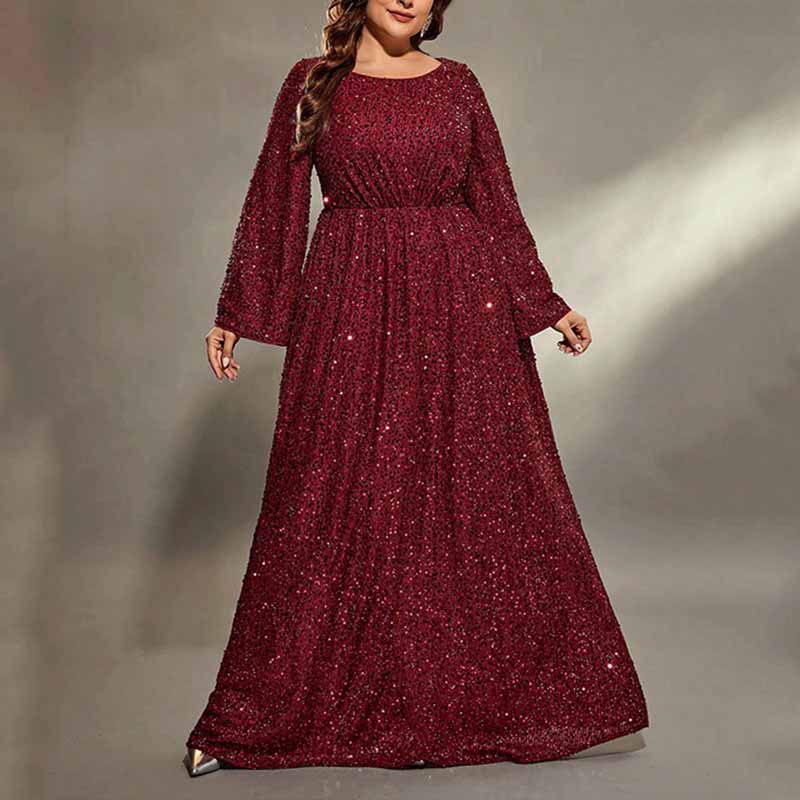 Plus Size Wine Red Prom Dress Sequin Event Dress Wedding Ball Gown With Sleeves