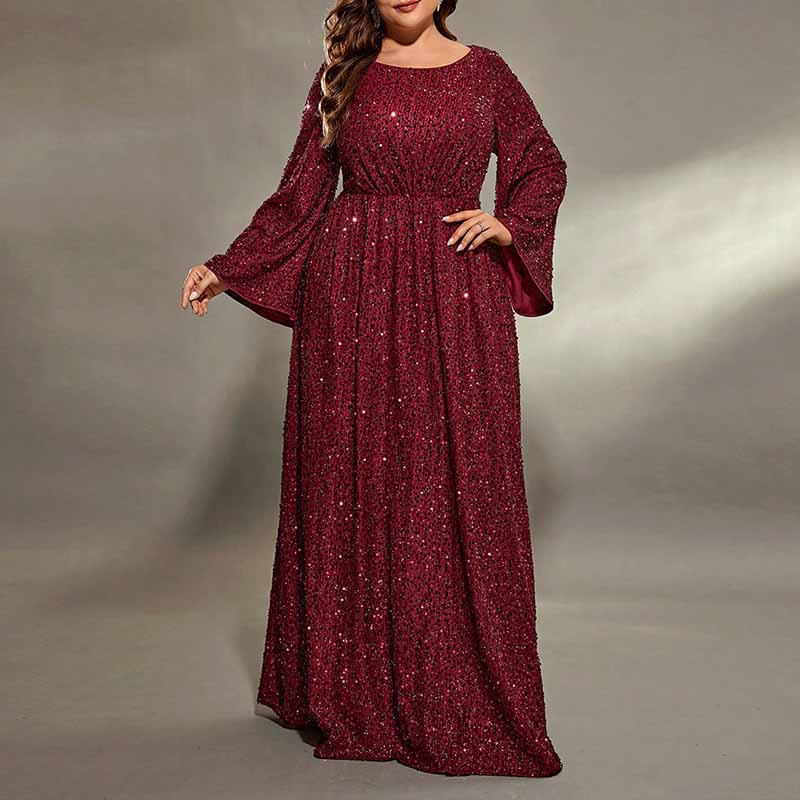 Plus Size Wine Red Prom Dress Sequin Event Dress Wedding Ball Gown With Sleeves