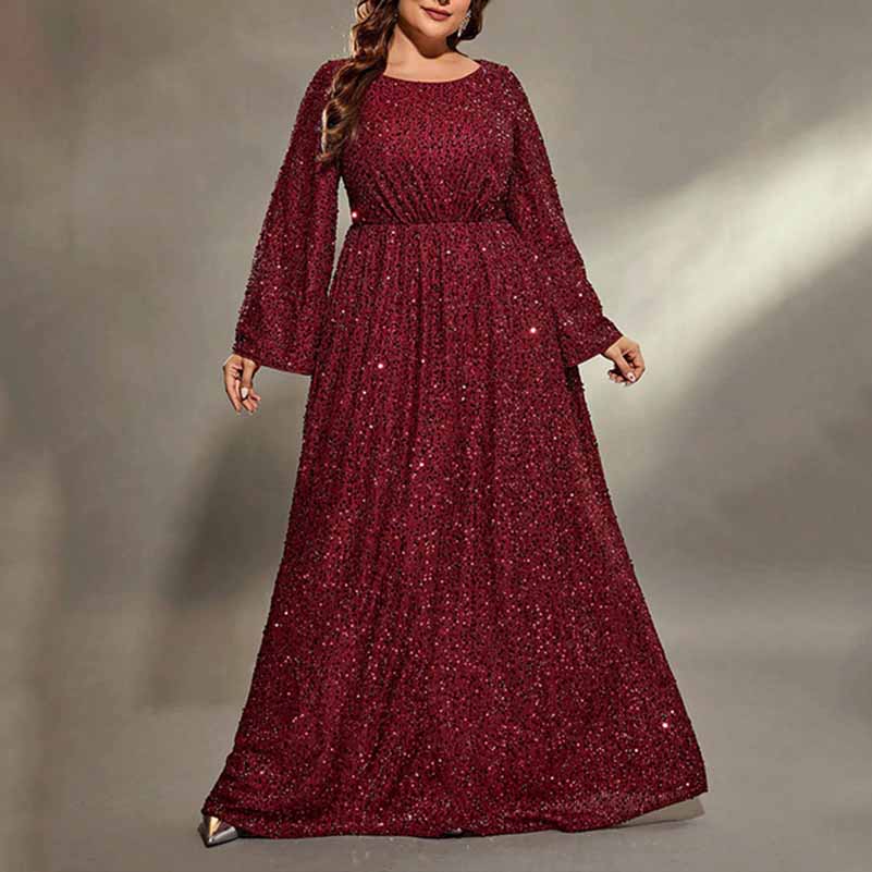 Plus Size Wine Red Prom Dress Sequin Event Dress Wedding Ball Gown With Sleeves