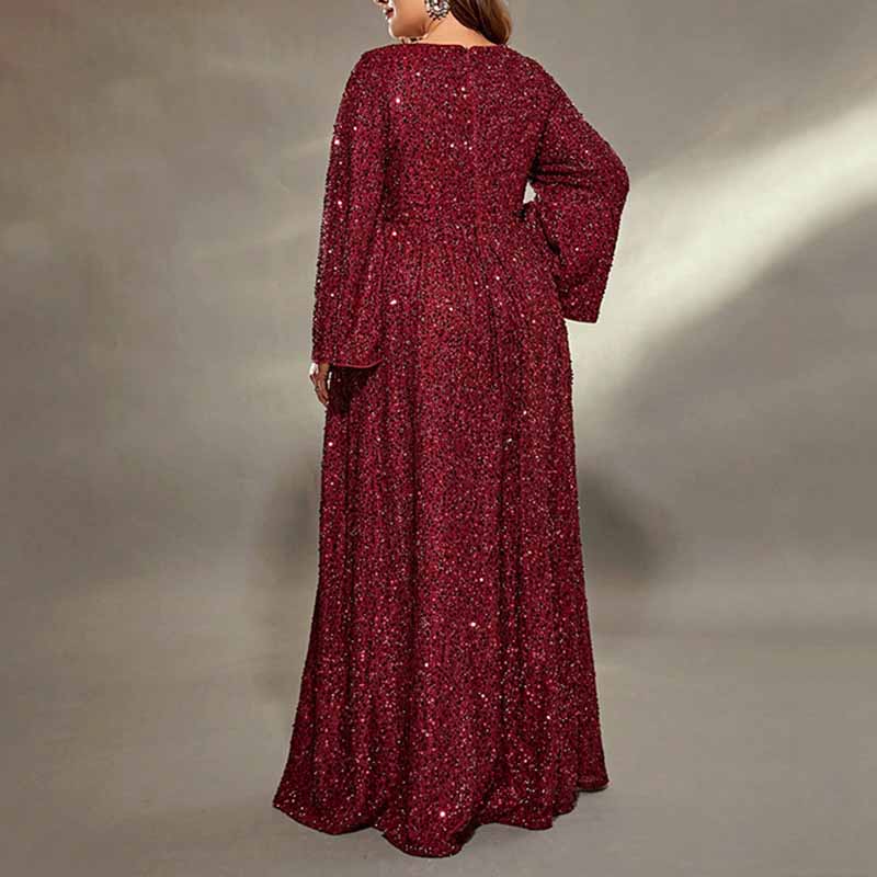 Plus Size Wine Red Prom Dress Sequin Event Dress Wedding Ball Gown With Sleeves