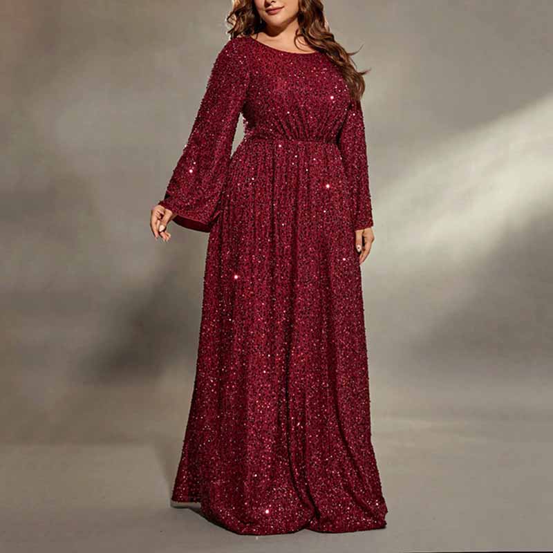 Plus Size Wine Red Prom Dress Sequin Event Dress Wedding Ball Gown With Sleeves