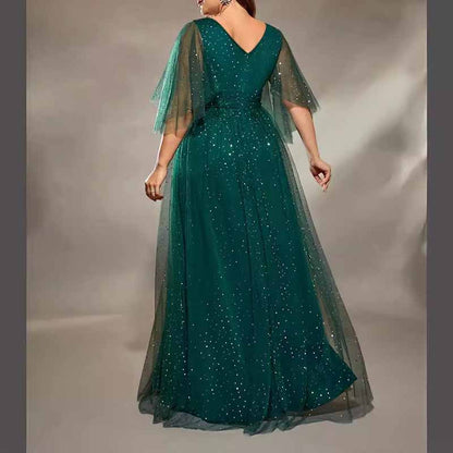 Plus Size Shiny Prom Dress Emerald Green Event Dress Half Sleeve A-Line Ball Gown