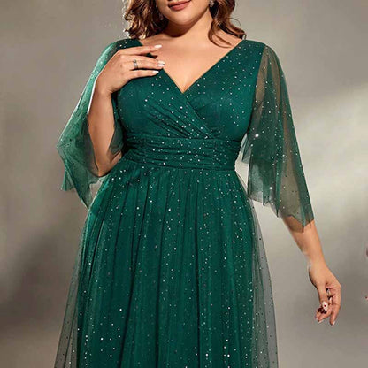 Plus Size Shiny Prom Dress Emerald Green Event Dress Half Sleeve A-Line Ball Gown