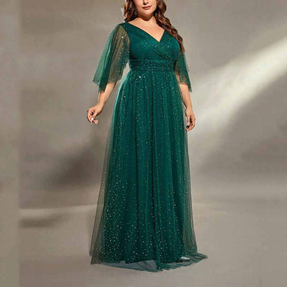 Plus Size Shiny Prom Dress Emerald Green Event Dress Half Sleeve A-Line Ball Gown