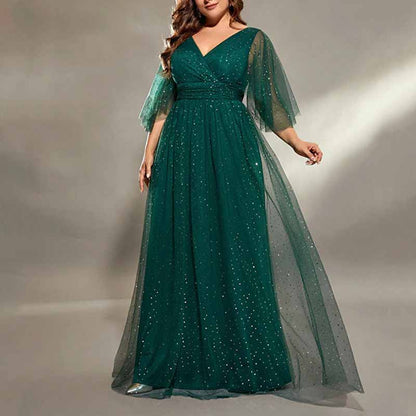 Plus Size Shiny Prom Dress Emerald Green Event Dress Half Sleeve A-Line Ball Gown
