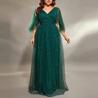 Plus Size Shiny Prom Dress Emerald Green Event Dress Half Sleeve A-Line Ball Gown