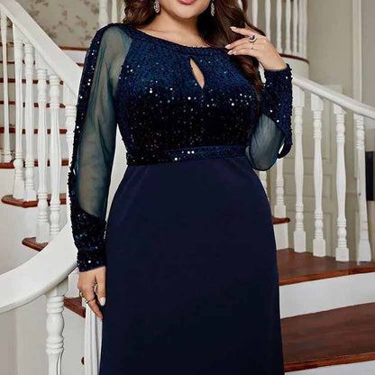 Plus Size Prom Dress Sequined Long Sleeve A-Line Evening Dress