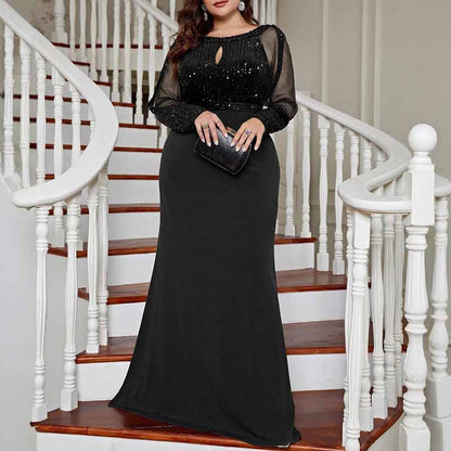 Plus Size Prom Dress Sequined Long Sleeve A-Line Evening Dress