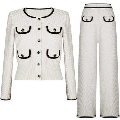 Tailored Button-Up Cardigan Jacket + Wide-Leg Pantsuits Two Pieces Formal Suit
