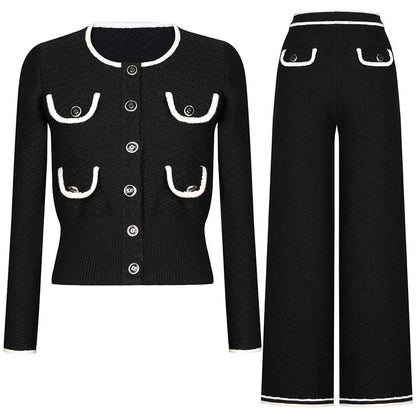 Tailored Button-Up Cardigan Jacket + Wide-Leg Pantsuits Two Pieces Formal Suit