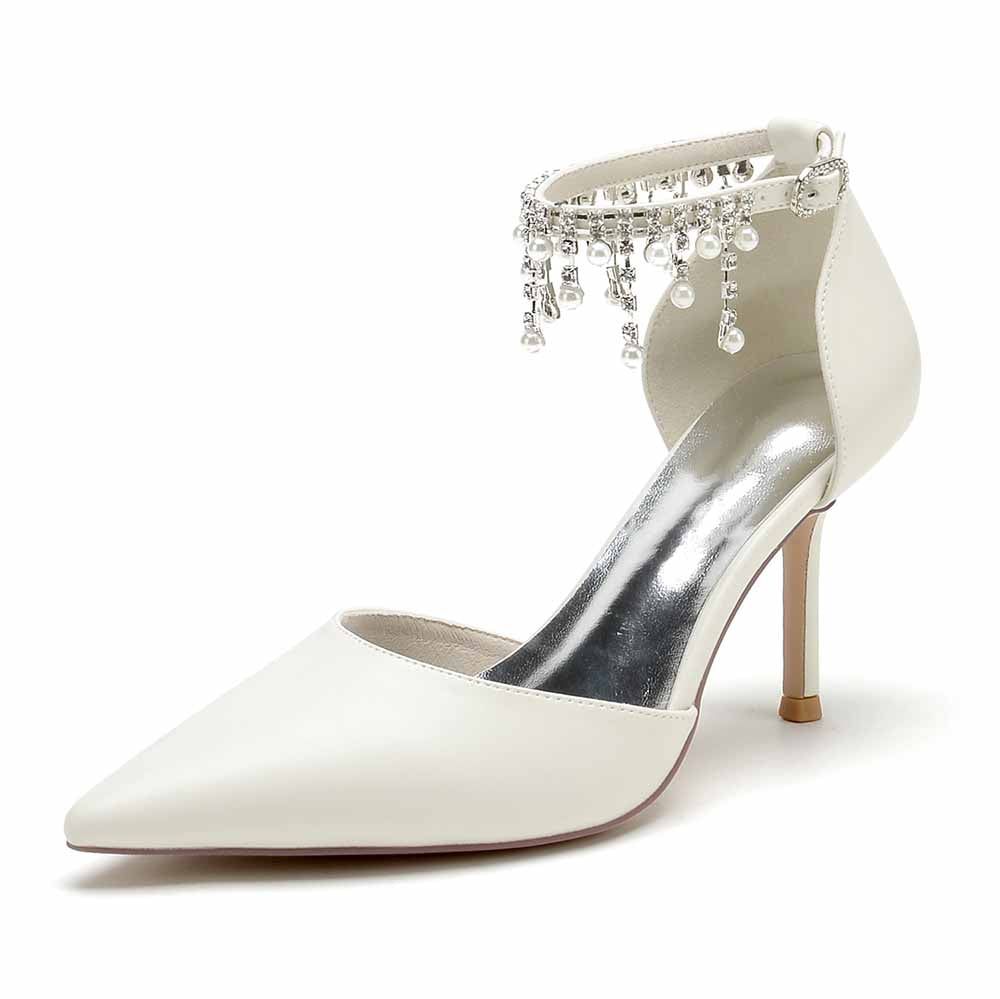 Point-Toe Dress Shoes Pearl Beads Ankle Strap Pump Bridal Heels