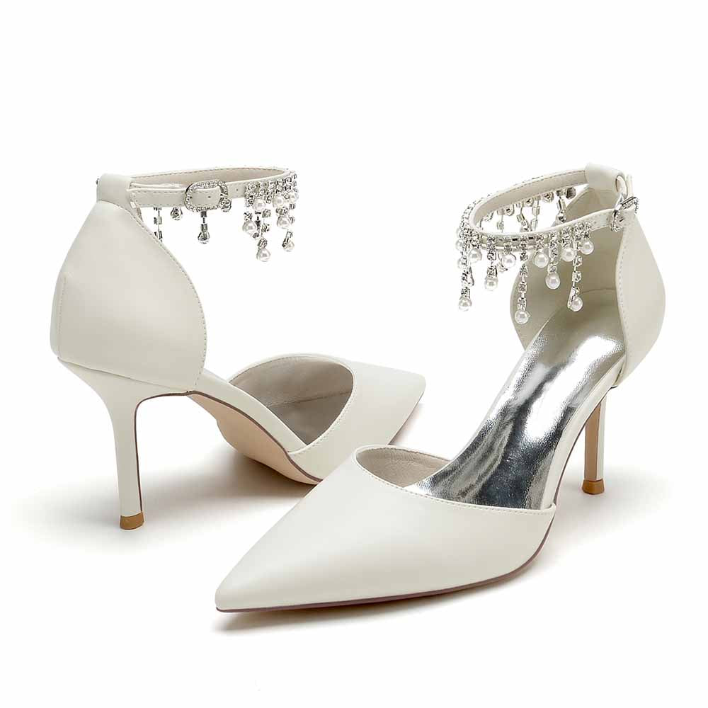 Point-Toe Dress Shoes Pearl Beads Ankle Strap Pump Bridal Heels