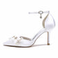 Point-Toe Dress Shoes Satin Ankle Strap Pumps With Pearls Detail Bridal Heels