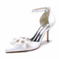 Point-Toe Dress Shoes Satin Ankle Strap Pumps With Pearls Detail Bridal Heels