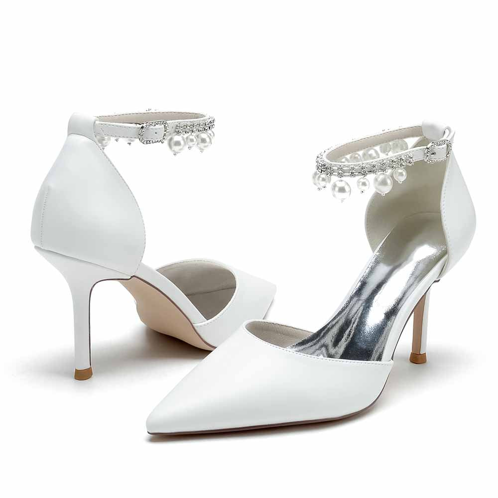 Point-Toe Wedding Shoes Pearl Ankle Strap Pump Bridal Heels