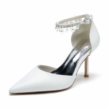 Point-Toe Wedding Shoes Pearl Ankle Strap Pump Bridal Heels