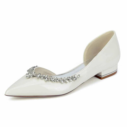 Point Toe Flat Dress Shoes Rhinestones Detail Patent Leather Wedding Shoes