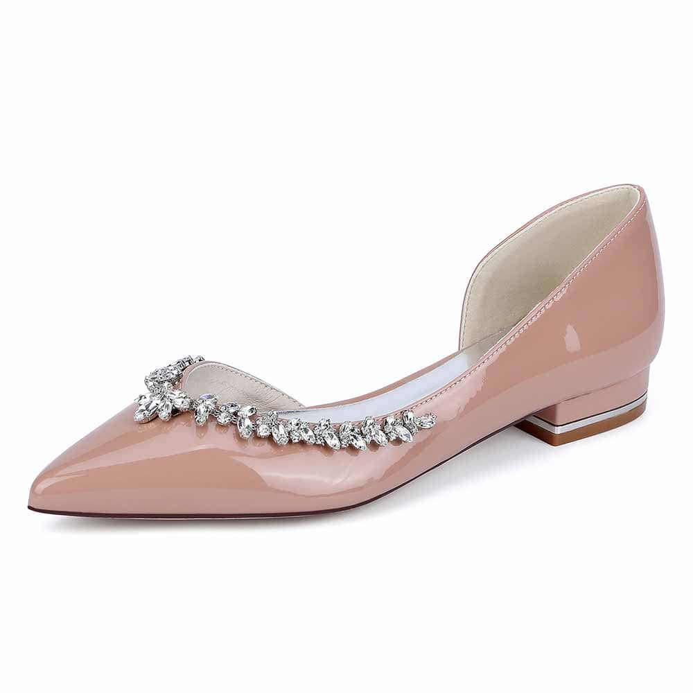 Point Toe Flat Dress Shoes Rhinestones Detail Patent Leather Wedding Shoes