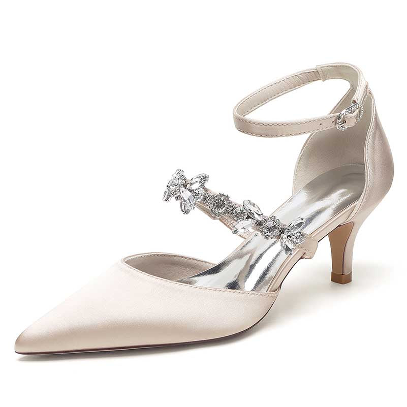 Point Toe Low Heeled Party Shoes Crystal Ankle Strap Dress Shoes