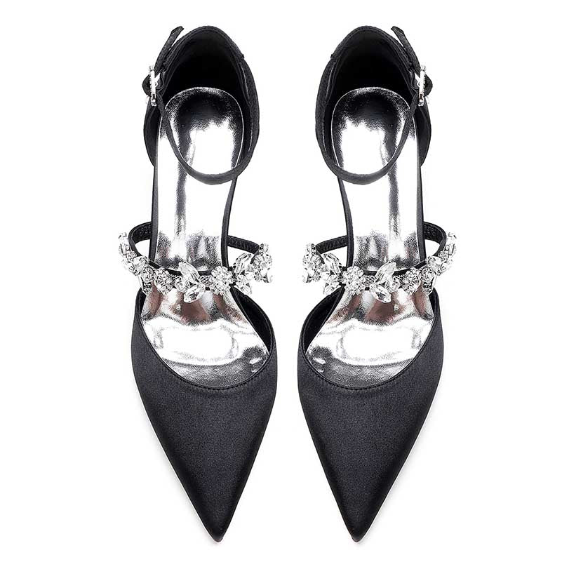 Point Toe Low Heeled Party Shoes Crystal Ankle Strap Dress Shoes