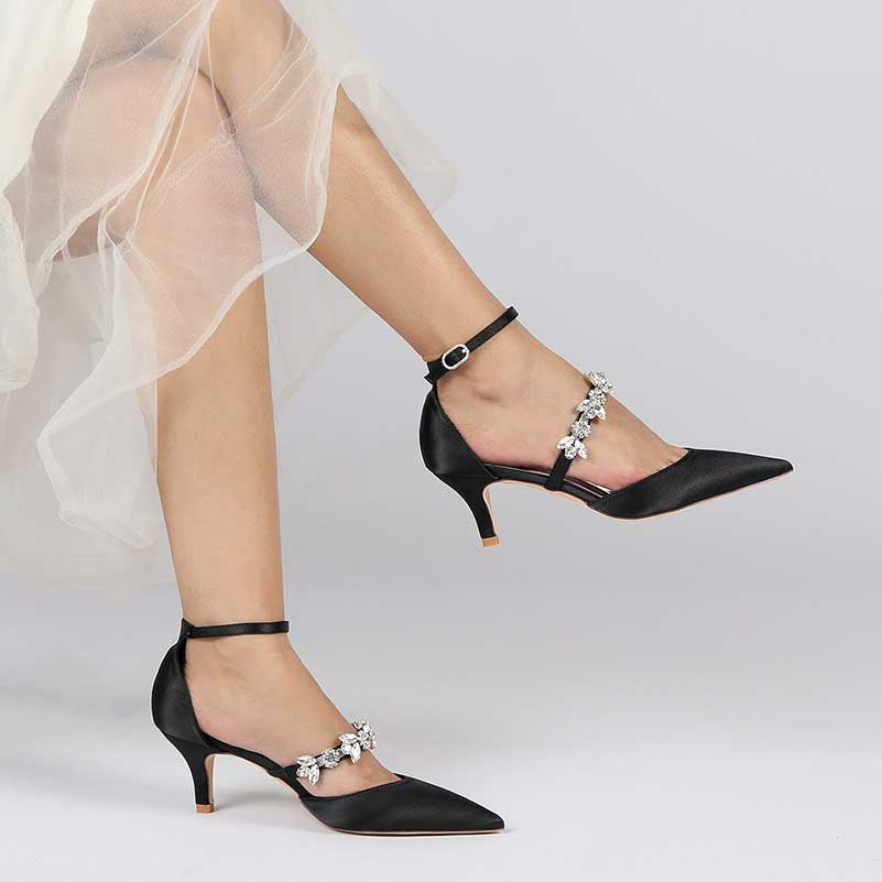 Point Toe Low Heeled Party Shoes Crystal Ankle Strap Dress Shoes