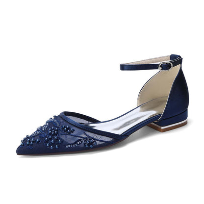 Pointed Toe Ankle Strap Flat Lace Wedding Shoes For Bride